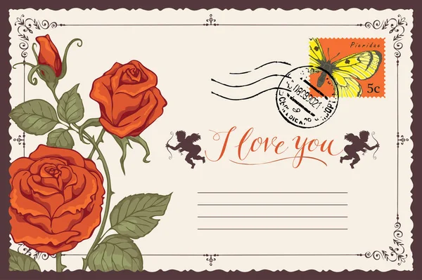 Vintage ευχετήρια κάρτα με επιγραφή σας αγαπώ — Διανυσματικό Αρχείο