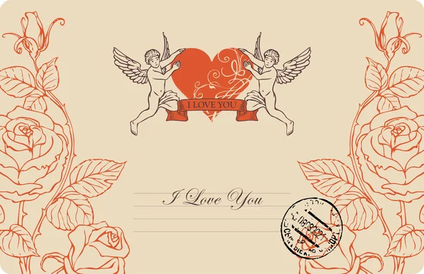 Vintage ευχετήρια κάρτα με τον έρωτα, την καρδιά και τα τριαντάφυλλα — Διανυσματικό Αρχείο