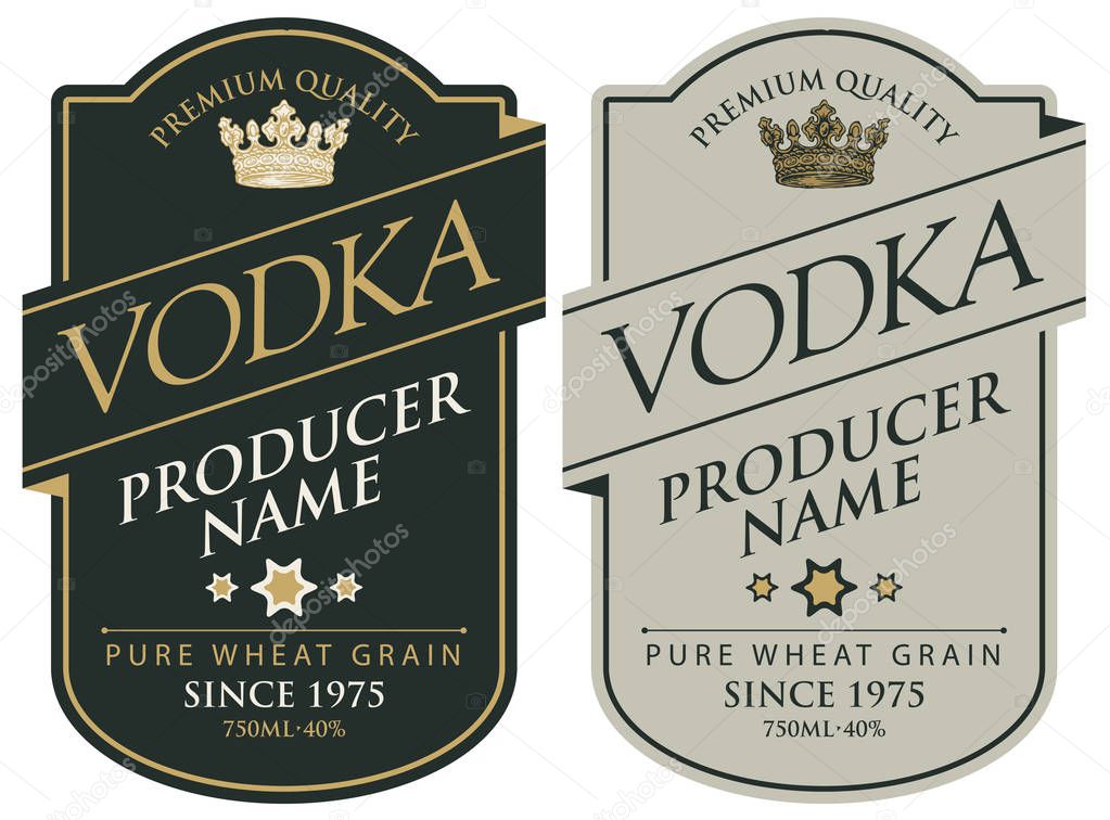 Labels for vodka with inscriptions and crown