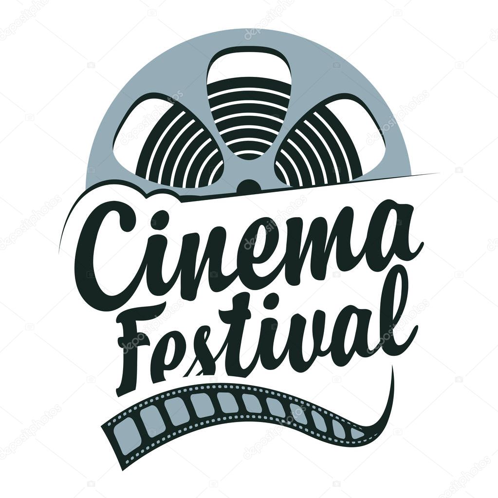 Vector icon for cinema festival with old film strip reel and calligraphic inscription. Retro movie banner, can be used for poster, flyer, billboard, web page, background, tickets