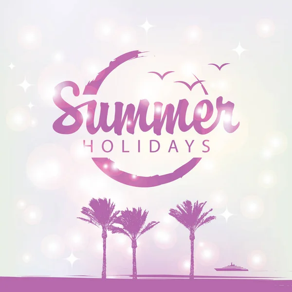 Banner de viagem de verão com palmeiras e navio —  Vetores de Stock