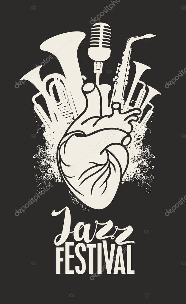 Vector music poster with human heart, wind instruments and microphone. Abstract musical illustration in retro style with inscription Jazz Festival. Music in the heart, orchestral instruments.