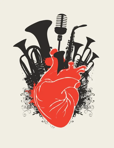 Music poster with human heart and wind instruments — Stock Vector