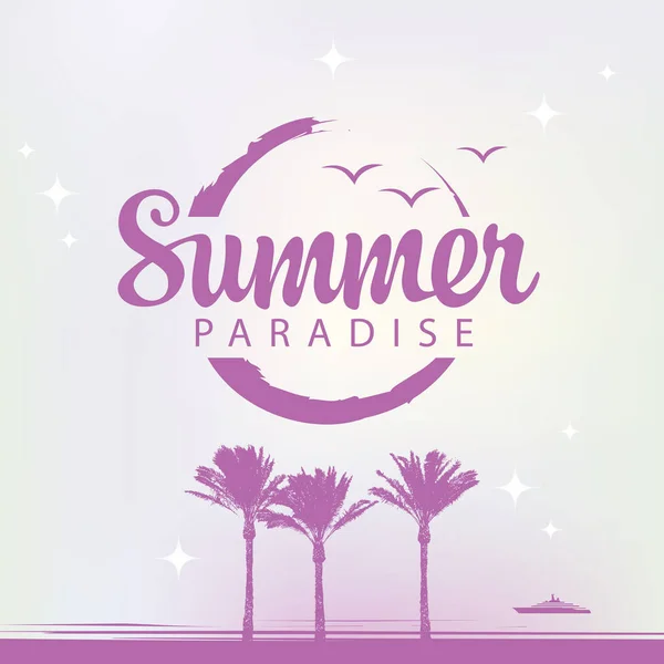 Banner de viagem de verão com palmeiras e navio —  Vetores de Stock