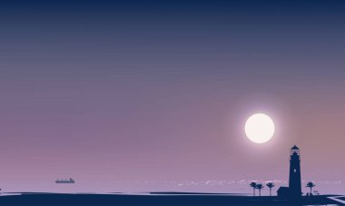 deniz feneri, palmiye ve gemi ile tropikal deniz manzarası