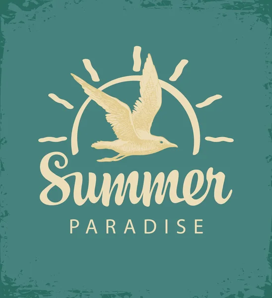 Travel banner with gull and sun. Summer Paradise — Stock Vector