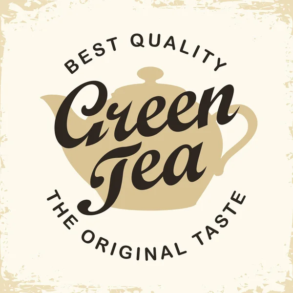 Label voor groene thee met theepot en inscriptie — Stockvector