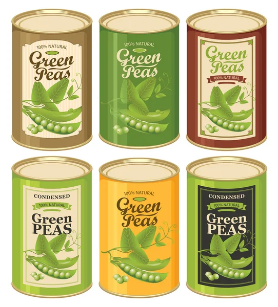 Tin cans with various labels for canned green pea — Stock Vector