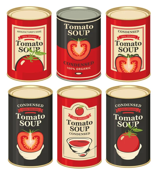 Jeu de boîtes de conserve avec étiquettes de soupe aux tomates — Image vectorielle