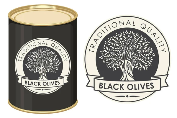 Illustration d'une boîte de conserve avec étiquette olives noires — Image vectorielle