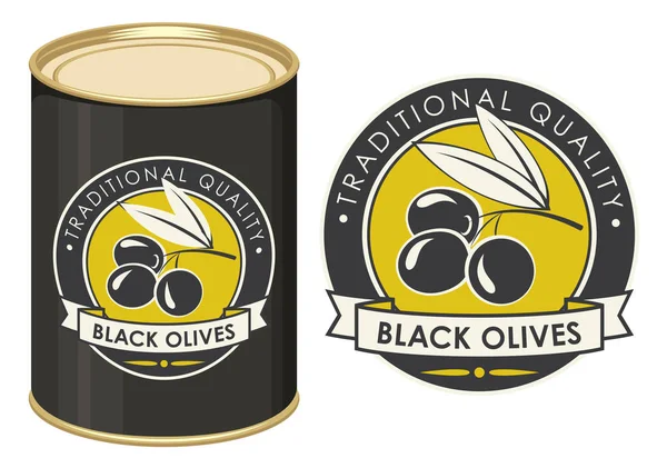 Ilustración de una lata con etiqueta aceitunas negras — Vector de stock