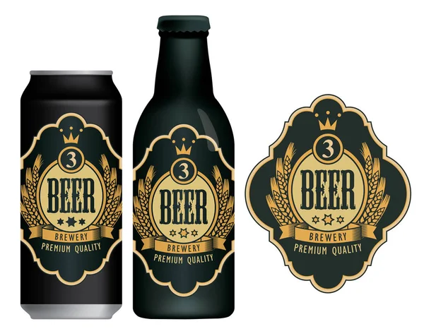 Étiquette de bière vectorielle sur la canette et la bouteille de bière — Image vectorielle
