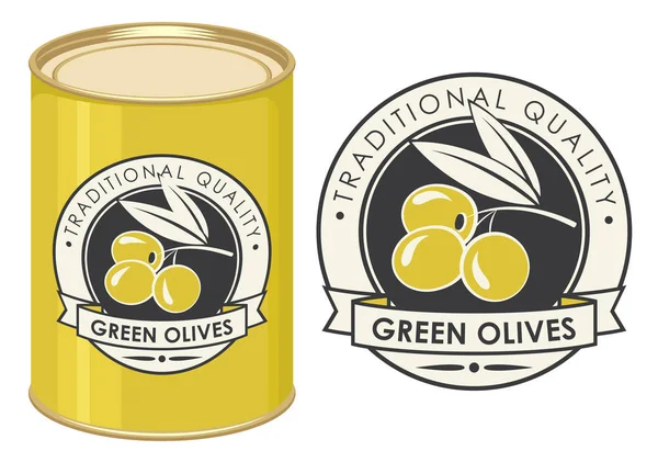 Illustratie van een blikje met label groene olijven — Stockvector