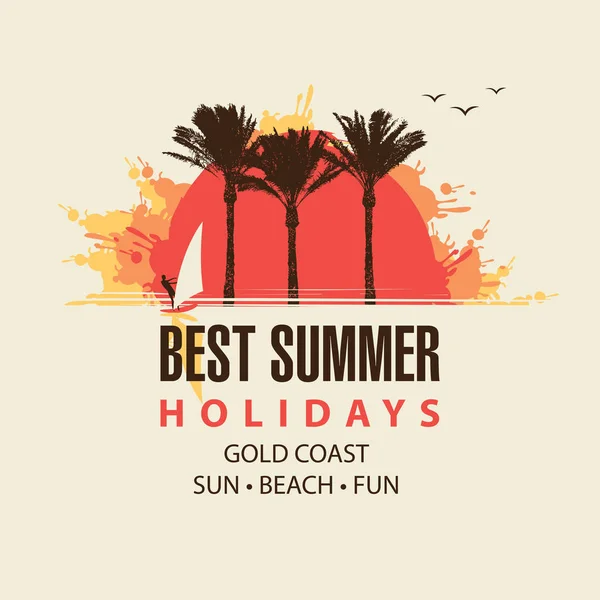 Banner de viaje de verano con sol, palmeras y surfista — Archivo Imágenes Vectoriales