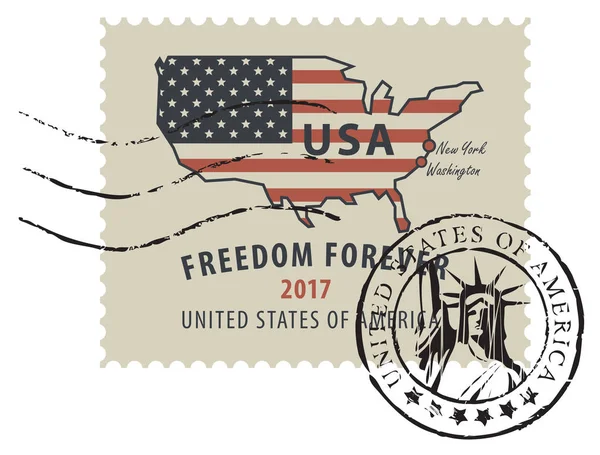 Poštovní razítko s americkou vlajkou ve formě mapy USA — Stockový vektor
