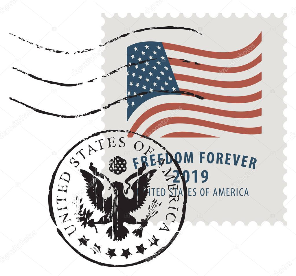Vector illustration of a USA postage stamp in retro style with an american national flag and inscription Freedom forever. Scratched postmark in form of coat of arms.