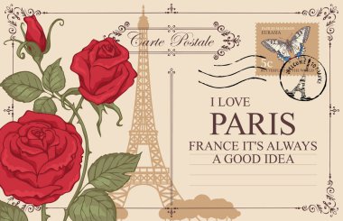 Eyfel Kulesi ve güller ile vintage kartpostal