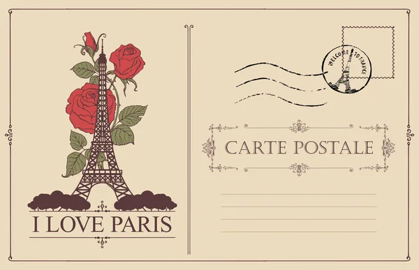 Postal vintage con la torre Eiffel y rosas — Archivo Imágenes Vectoriales