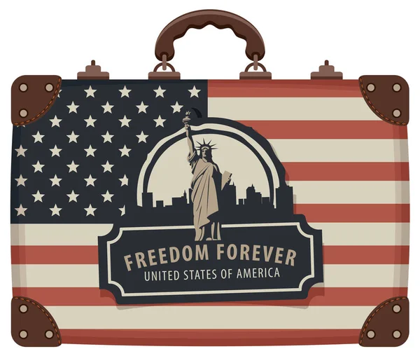 Sac de voyage avec drapeau des USA et Statue de la Liberté — Image vectorielle