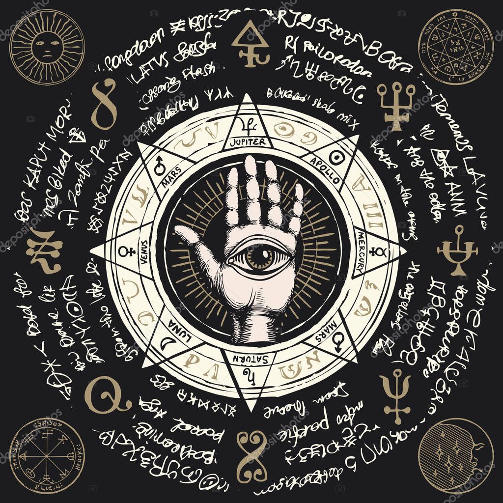 banner with open hand with all seeing eye symbol