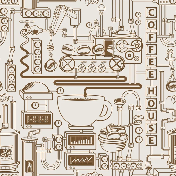 Бесшовный рисунок с конвейером для производства кофе — стоковый вектор