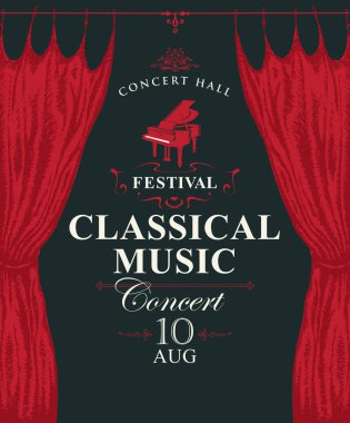 kuyruklu piyano ve perdeler ile klasik müzik posteri