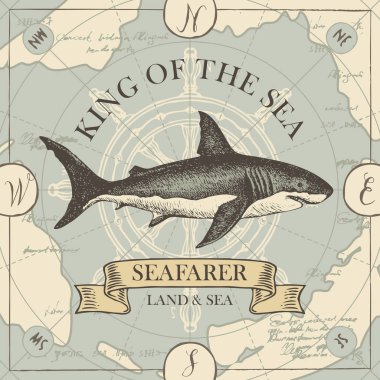 köpekbalığı ve eski harita ile Retro seyahat afiş