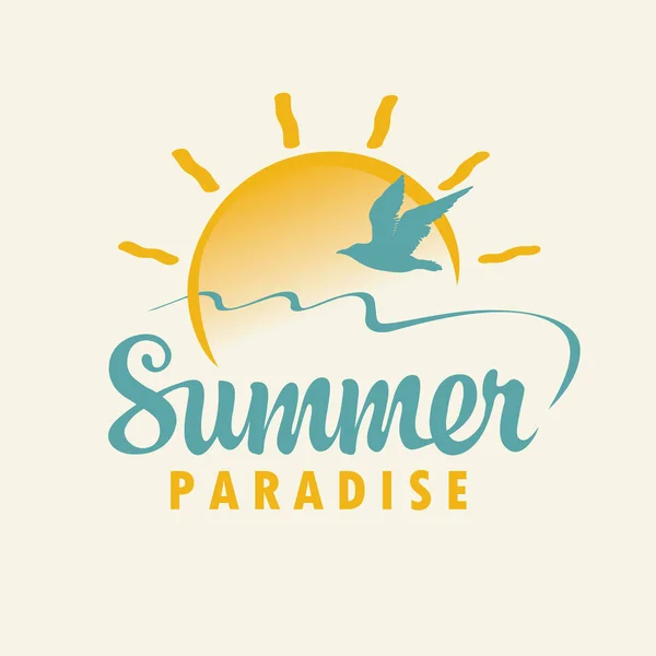 Banner de viaje de verano con inscripción, sol, gaviota — Vector de stock