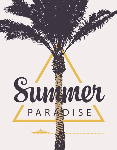 Banner de verano vectorial con palmera y barco — Vector de stock