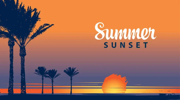 Sommer tropisches Banner mit Palmen bei Sonnenuntergang — Stockvektor