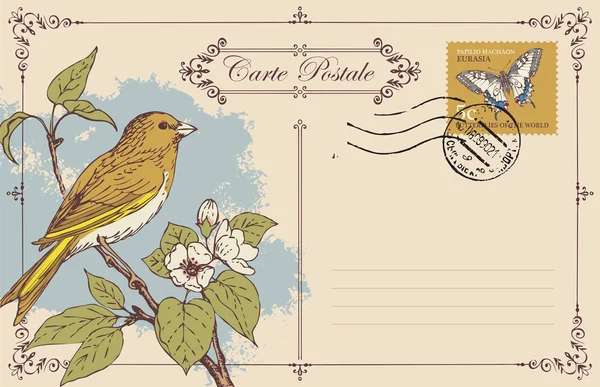 Открытка с птицей на цветущем дереве — стоковый вектор