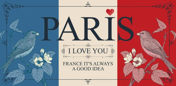Carte postale rétro aux oiseaux et mots que j'aime Paris — Image vectorielle