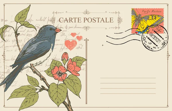 Ρετρό καρτ-ποστάλ με ένα πουλί σε ένα ανθοφορία δέντρο — Διανυσματικό Αρχείο