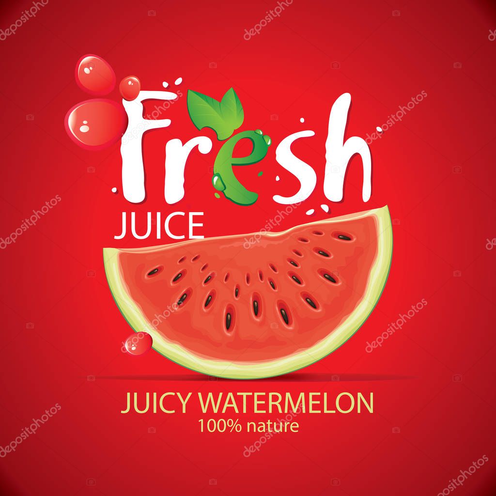 Vector banner or label for fresh watermelon juice with realistic watermelon slice, juice drops and large lettering Fresh on red background