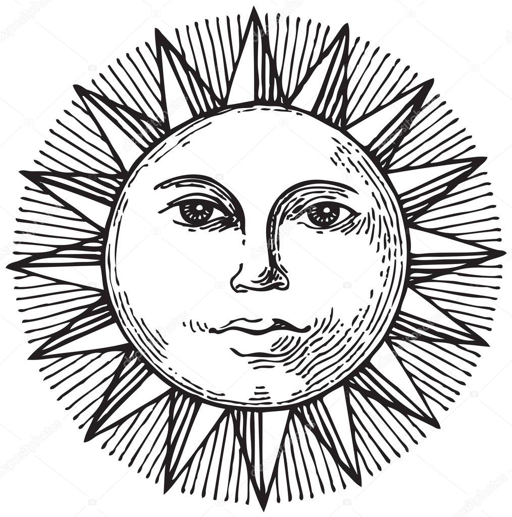Black and white hand drawn sun with face