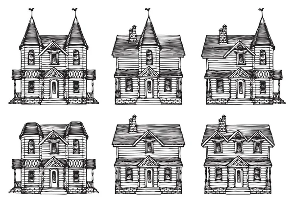 귀여운 만화 스타일로 손으로 그린 집. 건물의 다채로운 현대 스케치입니다. 오래된 주택, 도시 건물. — 스톡 벡터