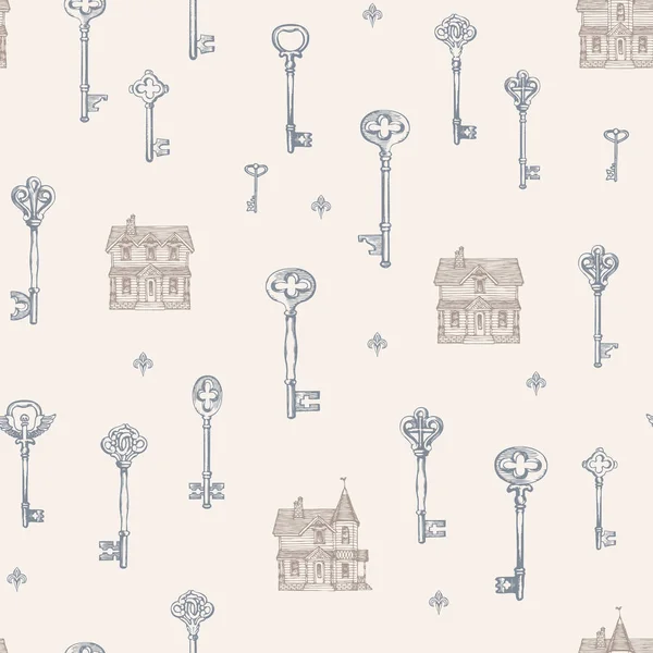 Seamless pattern with vintage keys and old houses — Stock Vector