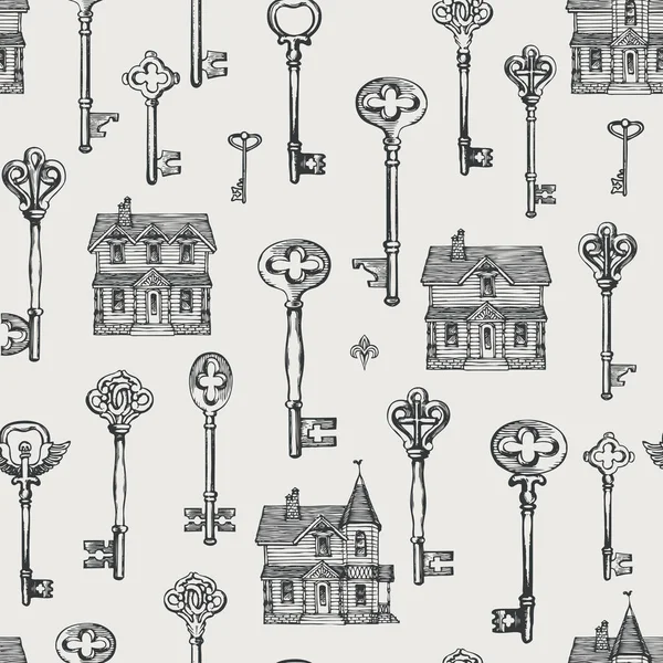 Seamless pattern with vintage keys and old houses — Stock Vector