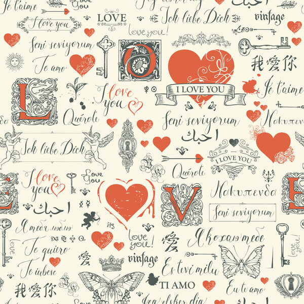 seamless pattern with love lettering and hearts