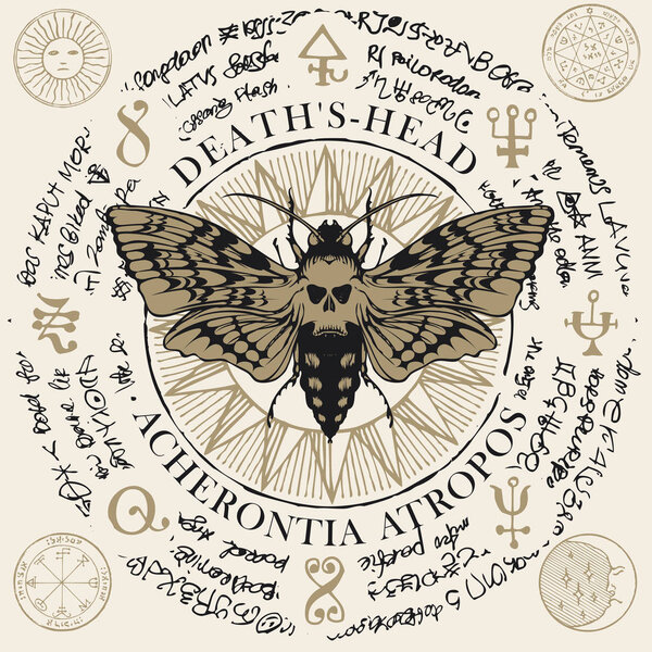 крот Acherontia atropos со старыми магическими символами
