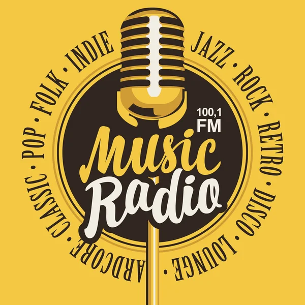 Banner voor muziek radio met gouden microfoon — Stockvector