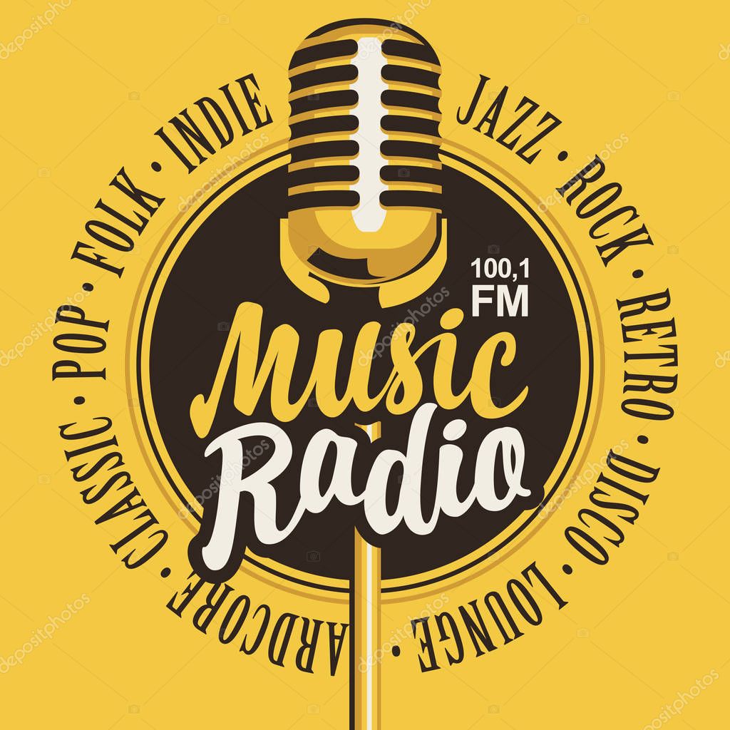 Vector banner for music radio station with microphone and inscription in retro style. Radio broadcasting concept with classic dynamic mic. Suitable for banner, ad, poster, flyer, logo