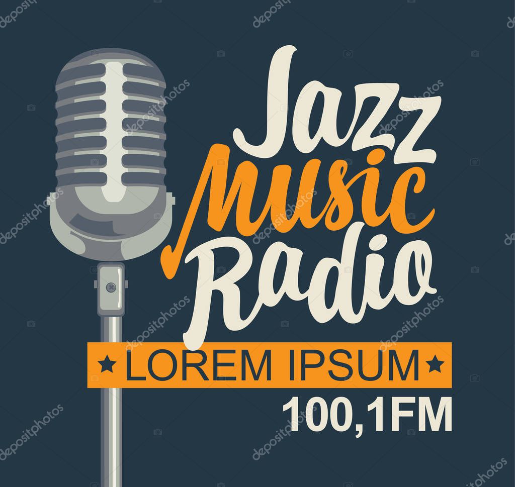 Vector banner for jazz music radio with microphone and inscription in retro style. Radio broadcasting concept with classic dynamic silver mic. Suitable for banner, ad, poster, flyer, logo