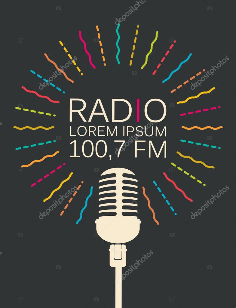 Vector icon for radio station with microphone and place for text in retro style. Radio broadcasting concept, flat design of classic dynamic mic. Suitable for banner, ad, poster, flyer, logo