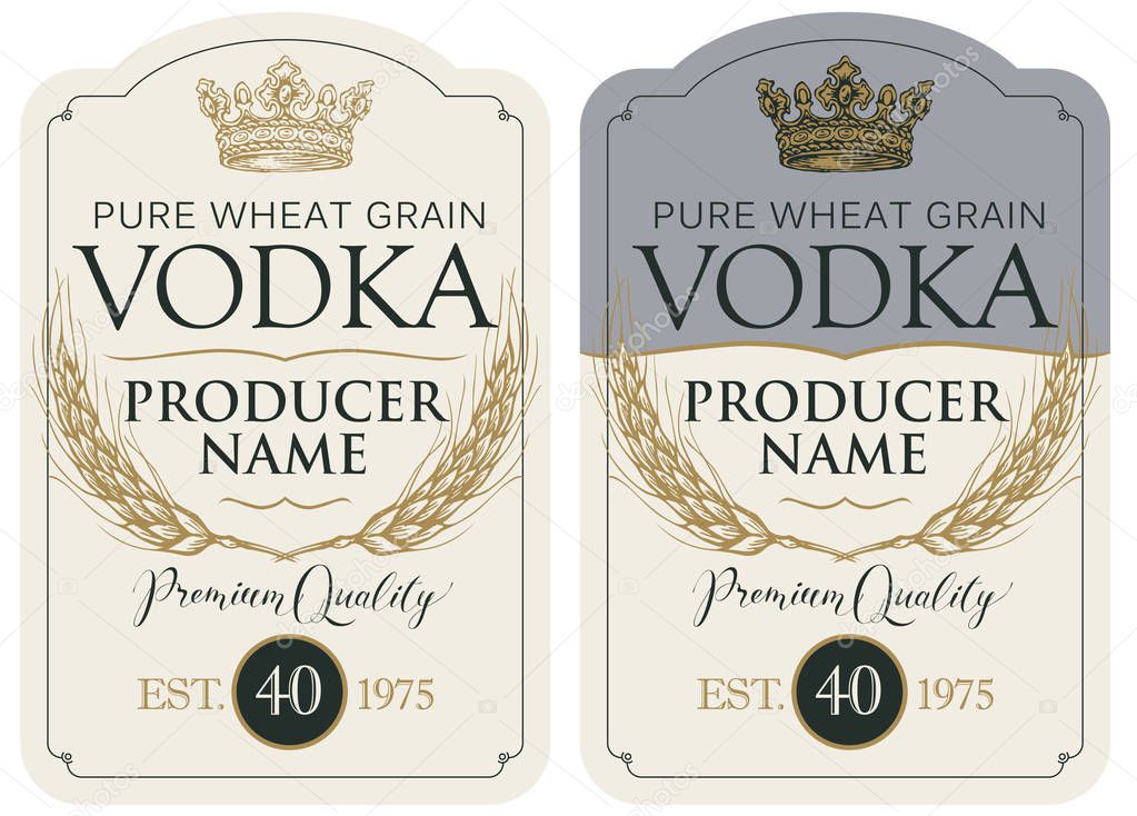 Labels for vodka with ears of wheat and crown