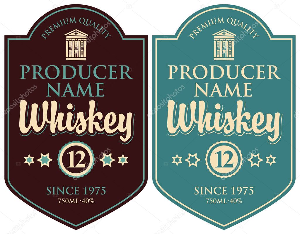 Set of two vector labels for whiskey premium quality in the figured frame with old building and calligraphic inscription in retro style