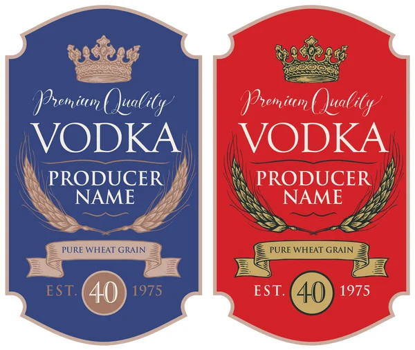 Etiquetas para vodka con espigas de trigo y corona — Vector de stock