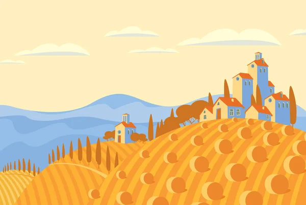 Paysage d'automne vectoriel avec champ et village — Image vectorielle