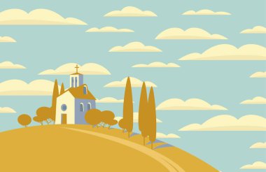 bir kilise, ağaçlar ve bir yol ile sonbahar manzara