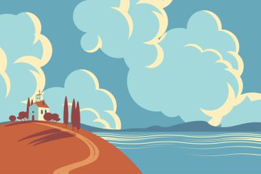 bir kilise, ağaçlar ve bir yol ile sonbahar manzara